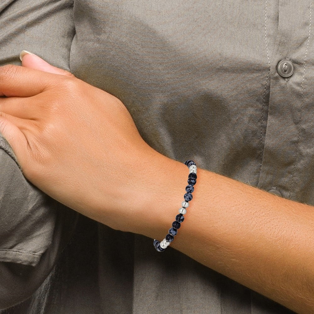 Diamond2Deal Stainless Steel Polished 6.5mm Black and Grey Synthetic Agate Stretch Bracelet for Men 8"