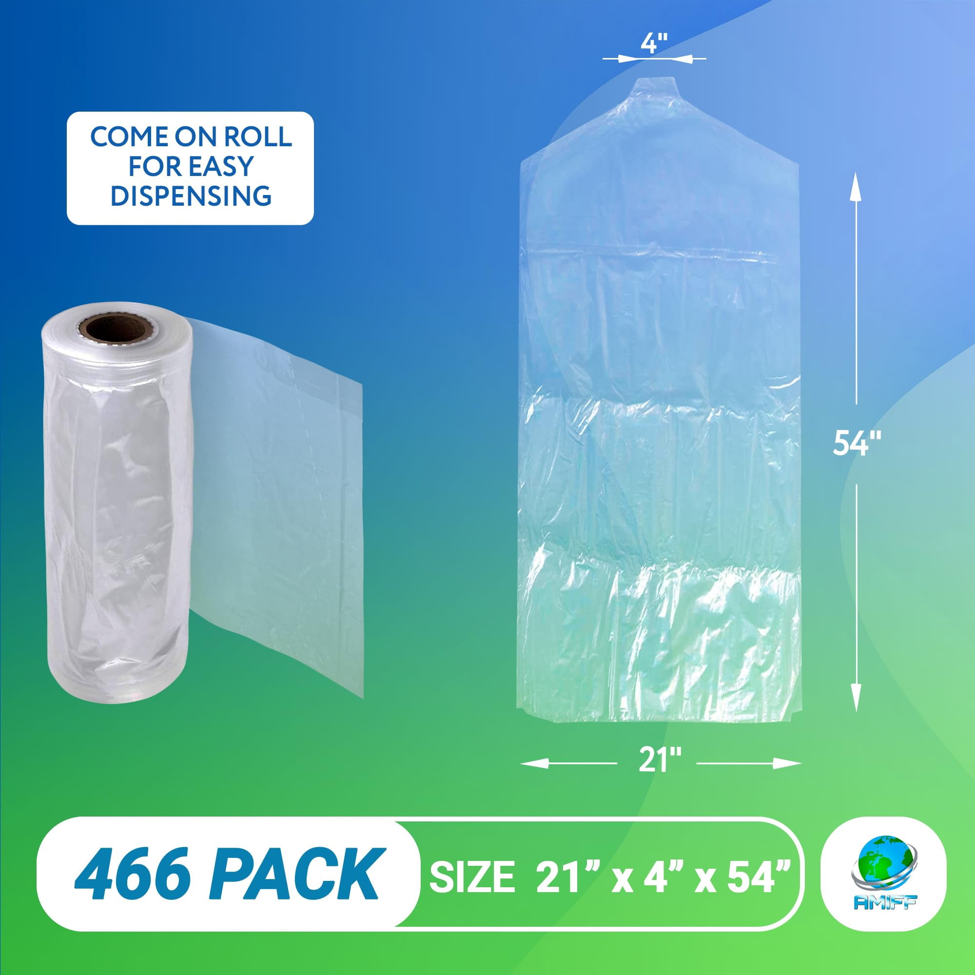 Clear Garment Bags for Storage, 21 x 4 x 54 Inches, Roll of 466 Clear Plastic Garment Bags for Hanging Clothes with Hanger Holes