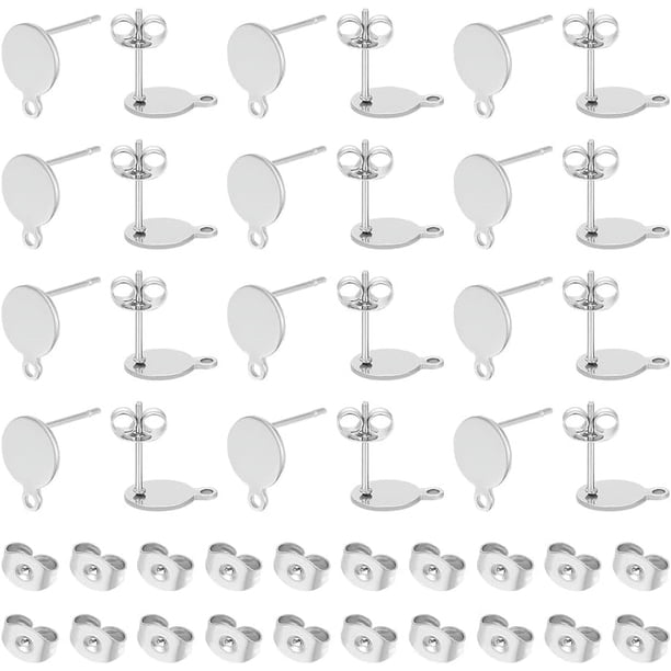 100 piezas de aretes planos y redondos de acero inoxidable, accesorios para aretes, postes para aretes con presillas y cierres de metal.