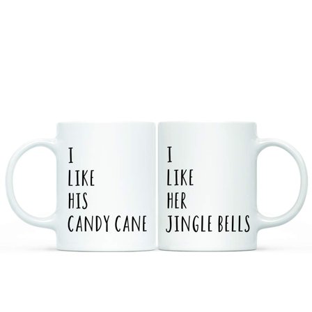 Koyal Wholesale Funny Christmas Coffee Mug Gag Couple Gift, I Like His Candy Cane, I Like Her Jingle Bells, 2-Pack, We