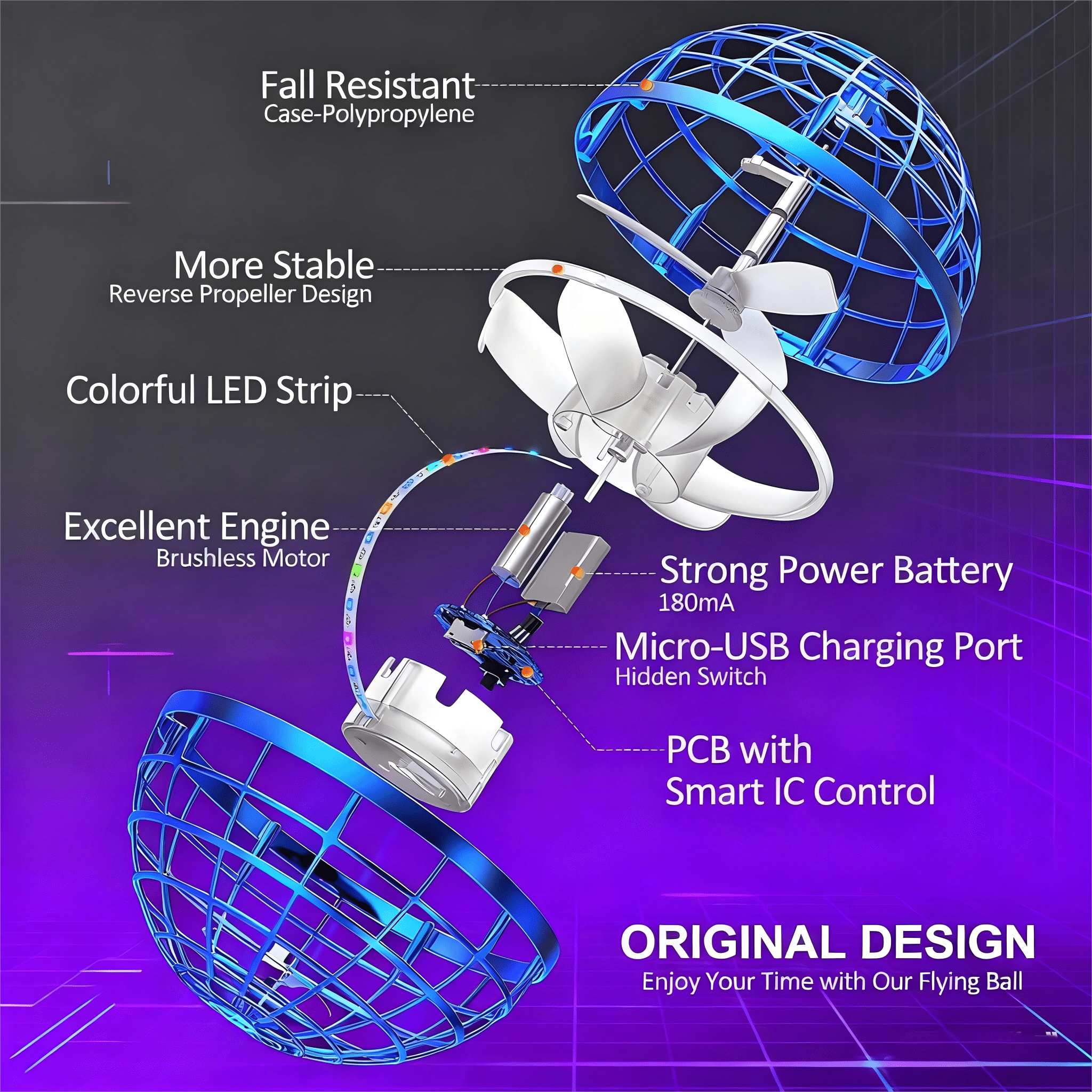 Flying Orb Ball Toy, Floating Boomerang Ball Flying Orb Hand 360°Rotating with LED Lighting Effects Cool Toys UFO Toys for Kids Teen Adults Gift