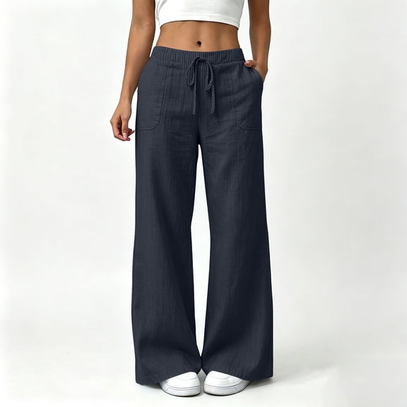 Usloyux Women's Wide Leg Trousers with Pockets Flowy Drawstring Long Pants for Summer Beach Casual Party Work, Dark Gray L