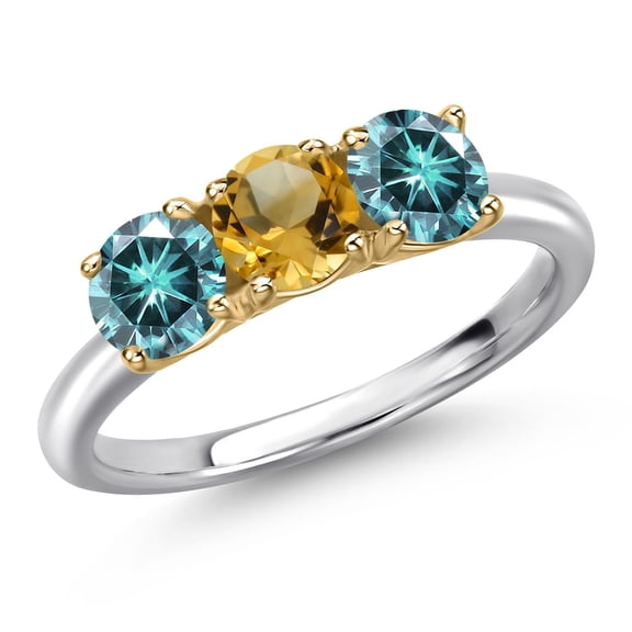 Gem Stone King 925 Silver and 10K Yellow Gold Yellow Citrine and Blue Moissanite Engagement Ring for Women | 1.45 Cttw | Round 5MM | Gemstone November Birthstone | Size 5