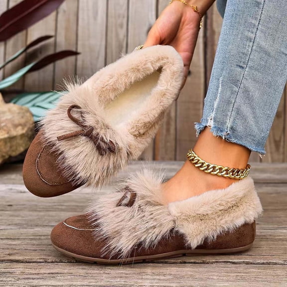 Taylonsss Women's Round Toe Slip-On Flat Shoes with Faux Fur Lining and Bow Detail for Winter Comfortable Fleece-Lined Casual Shoes with Frayed Edges