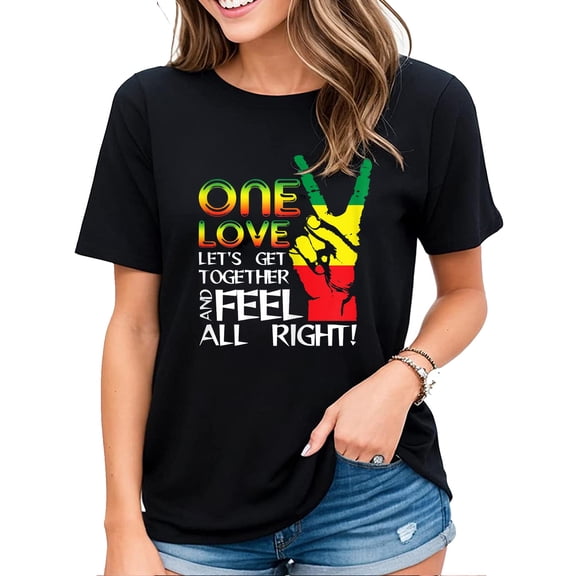 Womens Tshirt Caribbean Music Pride Flag Shirt Jamaica One Love Reggae Casual Short Sleeve Tops Black X-Large