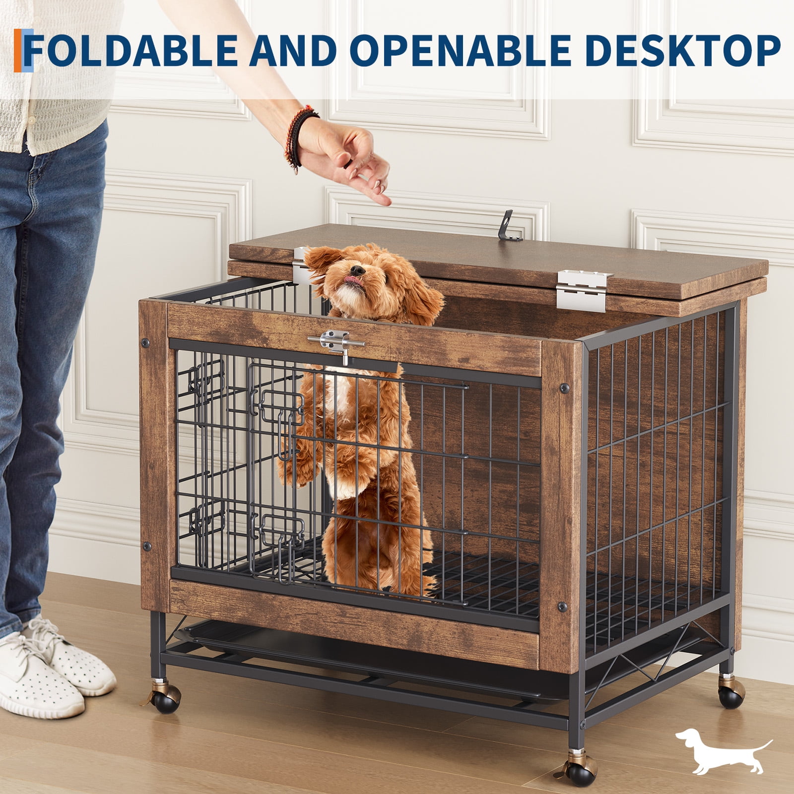 Dog Crate Furniture with 2 Doors, Indoor Small Dog Crates with Wheels, Heavy Duty Wooden Kennel Furniture, End Side Table Cage, Anti-Chew, Rustic Brown