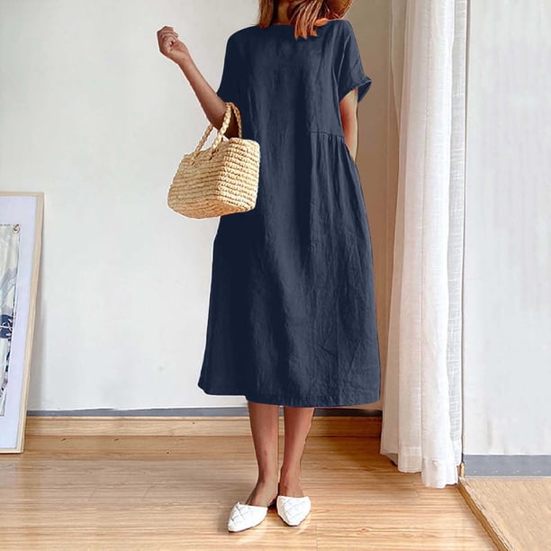 ¡Liquidación de verano! Vestido UMfun de lino y algodón con cuello redondo y manga corta para mujer, color liso, a la moda de verano.