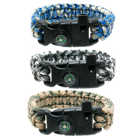 FROG SAC 3 PCs Survival Paracord Bracelet Set Men Women Compass, Emergency Whistle, Fire Starter - Camo Parachute Cord -Tactical Gear Bracelets Fishing, Hiking, Hunting, Camping Accessories
