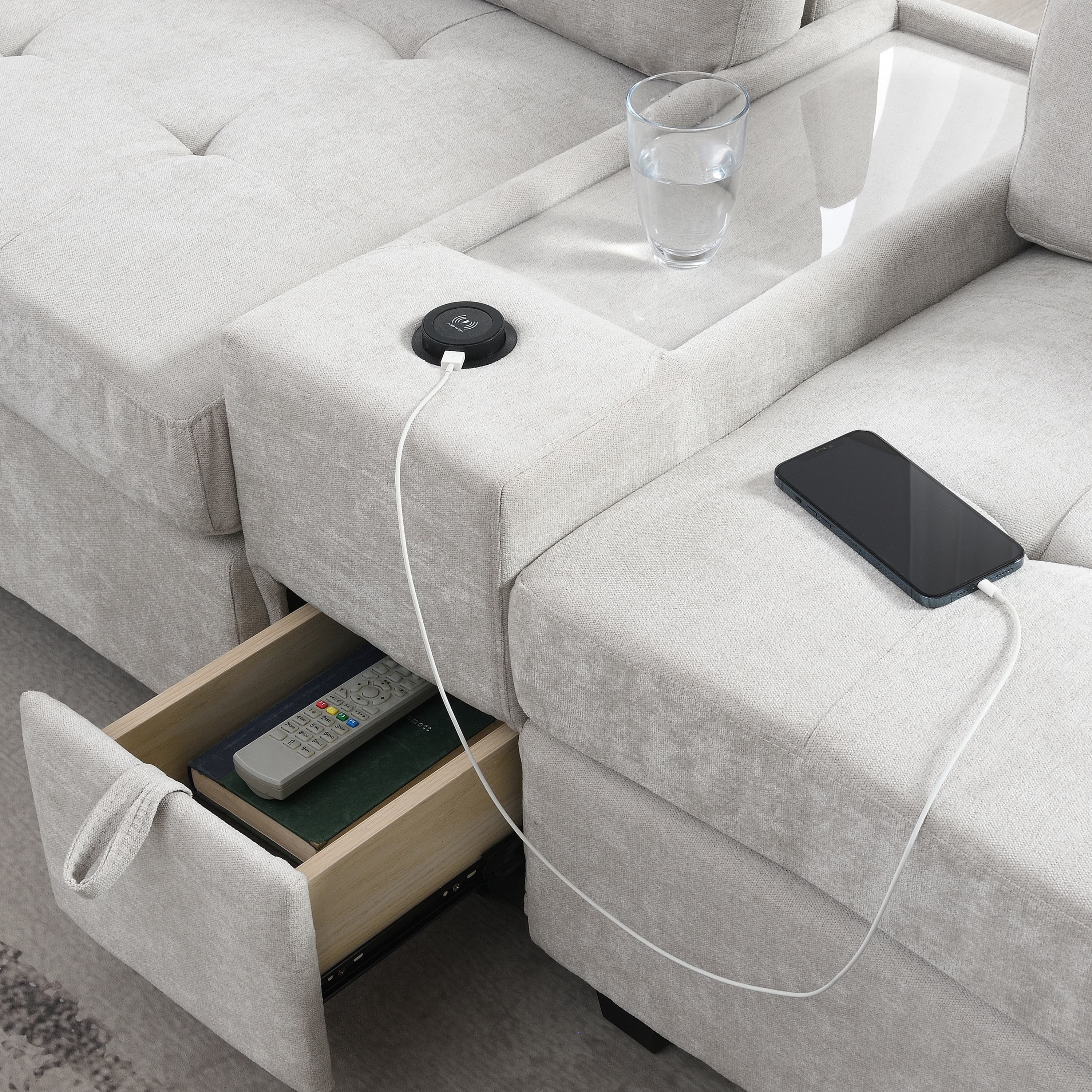 MAYEERTY 104" Sectional Sofa - Acrylic Table Top Chenille U-Shaped Couch with 2 Consoles/USB/Storage/Ottoman, Tufted for Living Room/Apartment, 2 Colors