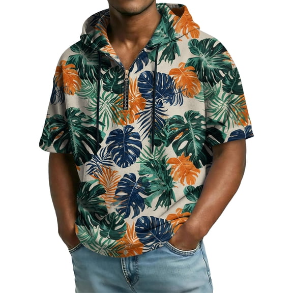 Delconic Men's Short Sleeve Hoodie with Half Zip and Drawstring Hood Casual Loose Fit Top Featuring Fish and Seaweed Print Army Green L