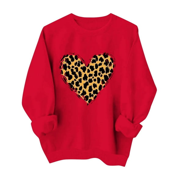 Valentines Sweatshirts Women Heart Printed Crewneck Plus Size Loose Holiday Red Top Sweet Valentine's Day Gifts (XS, Red|Leopard)