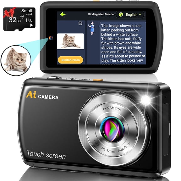 AI Smart Digital Camera WiFi Autofocu Dual Lens Point and Shoot Camera with 3.6" Touchscreen Smart Effects,Beauty & AR Filters with 32GB Card for Boys Girls Kids