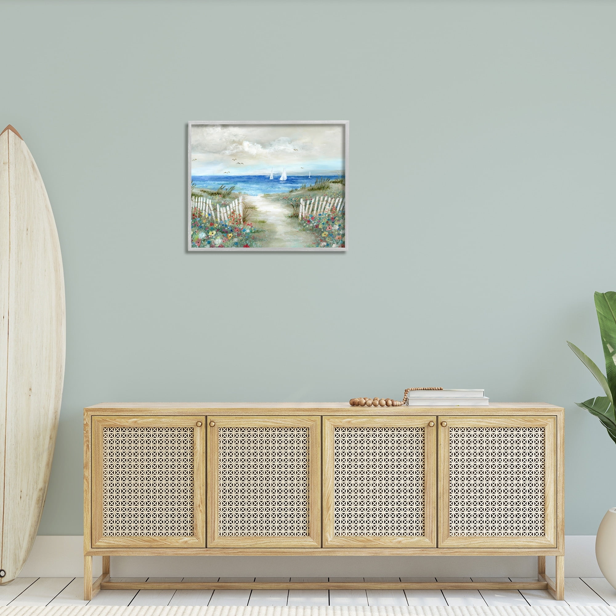 Stupell Industries Gorgeous Beach Scene Poppies Blooming White Fence Ocean Paintings Gray Framed Art Print Wall Art, 30x24, by Nan