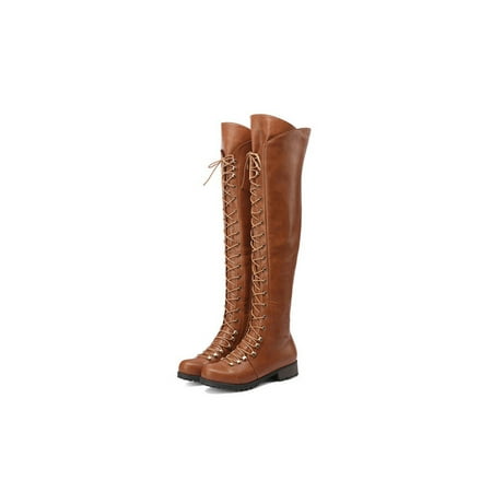

SIMANLAN Womens Comfortable Thigh High Boot Non Slip Round Toe Over The Knee Boots Business Combat Tall Winter Shoes Brown 4.5