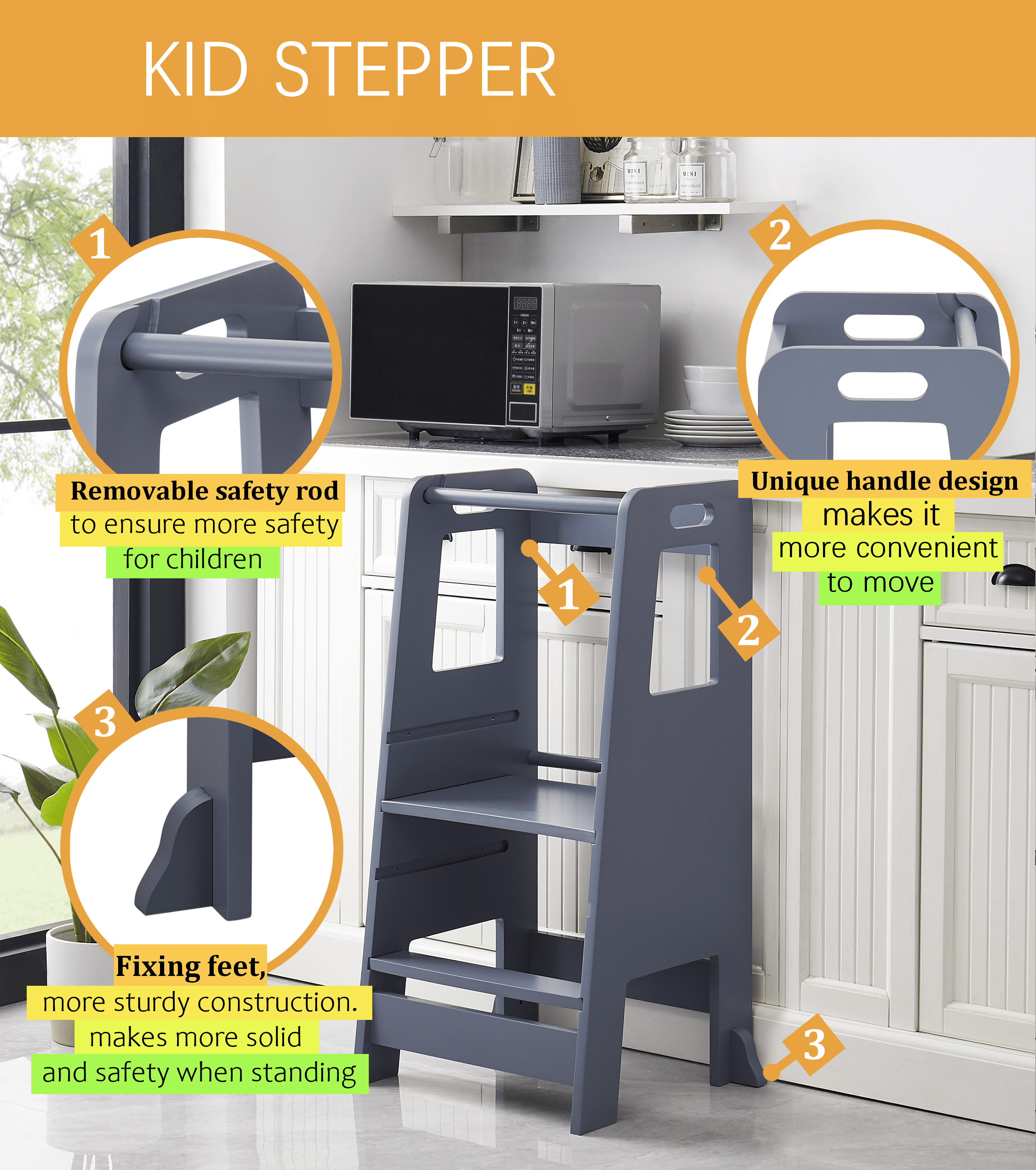 Kid's Wooden Kitchen Step Stool, Adjustable Platform Standing Tower with Safety Guardrail Child Studying Tower, Toddler Stool for Bathroom, Cooking Helper