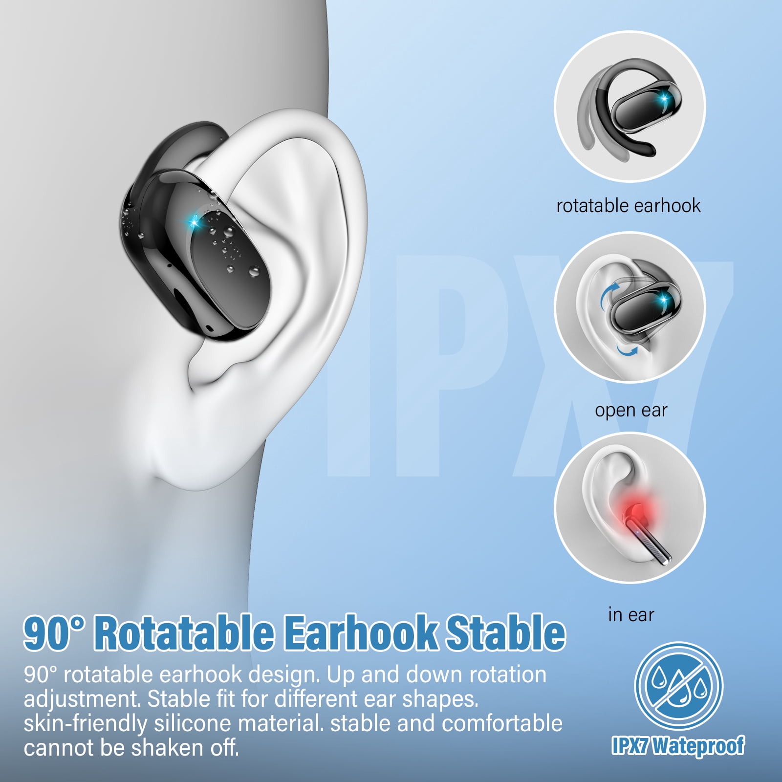 Open Ear Earbuds, Bluetooth 5.4 Headphones, HD Stereo Bass Wireless Earphones with Earhooks, 58Hrs Playtime, IP7 Waterproof for Fitness, Cycling, Sports