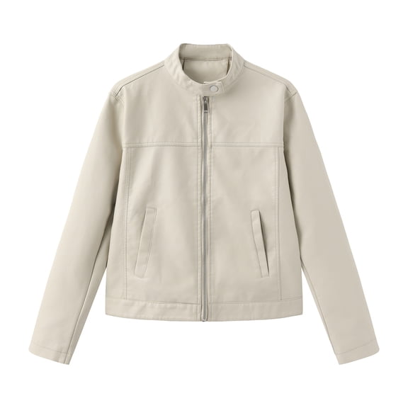 CharmCyan Women's Casual Solid Color Stand Up Collar Long Sleeved Zipper Pocket Jacket Motorcycle Suit Jacket Leather Jacket Beige L