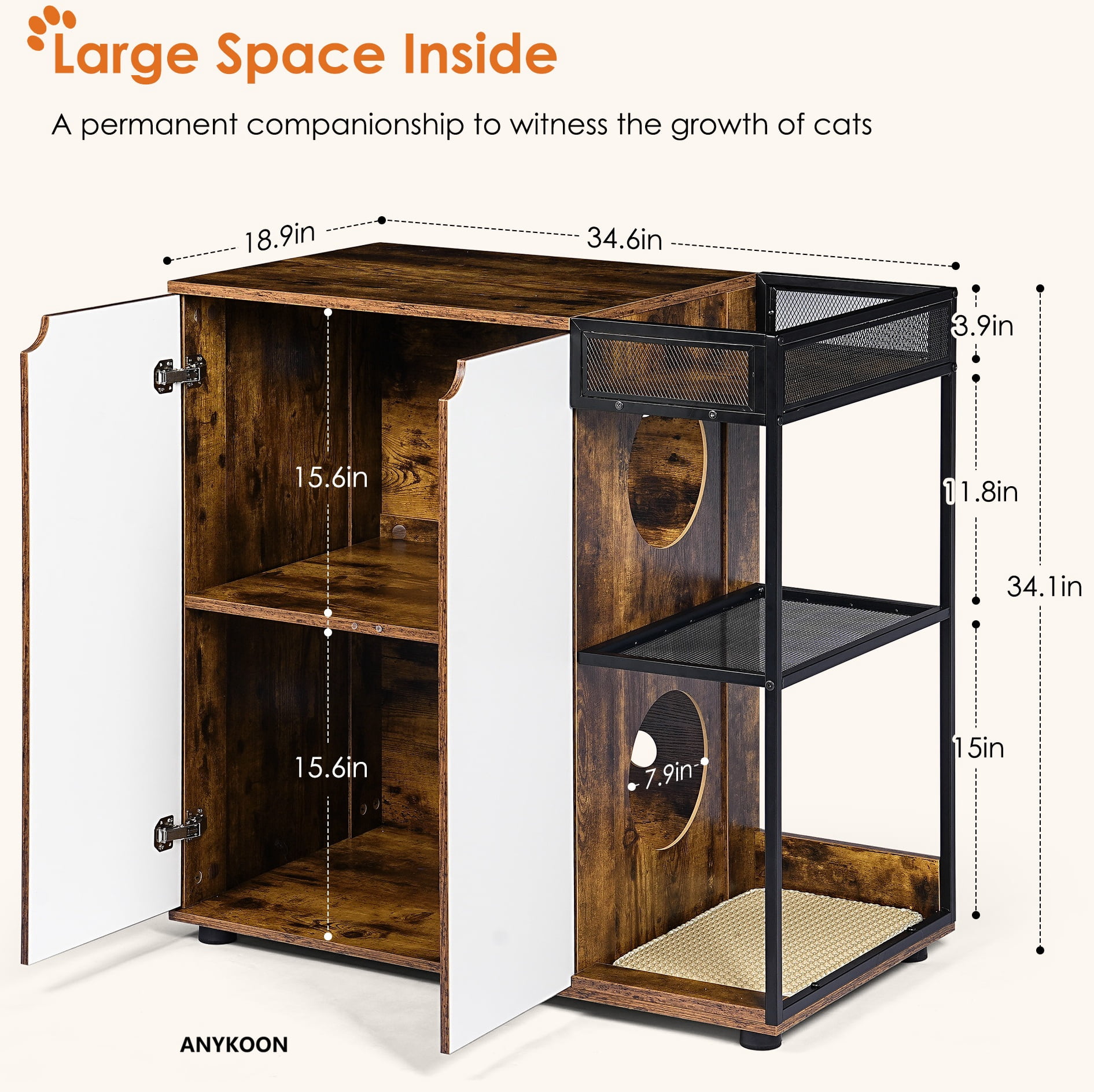 Anykoon Enclosed Cat Litter Boxes for 2 Cats,Cat Furniture Cabinet,Cat Litter Box Furniture,Rustic Brown