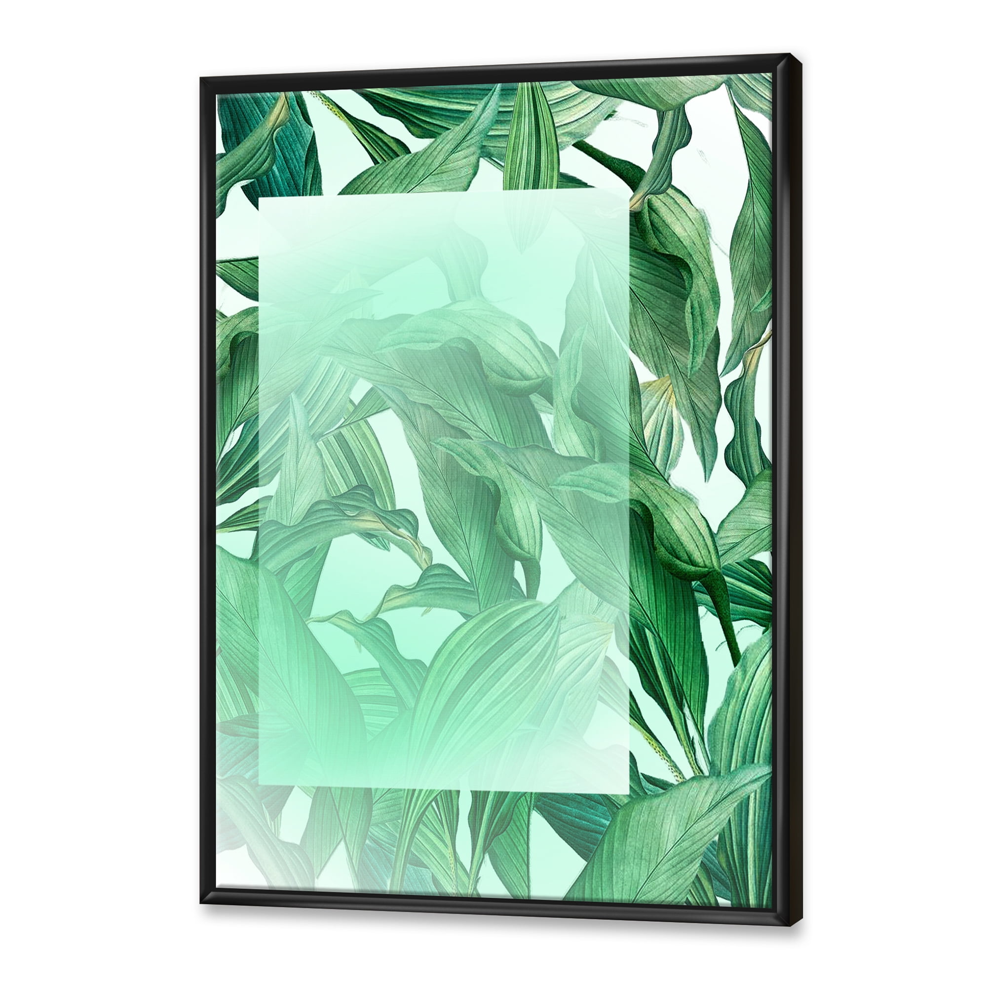 Designart 'Tropical Palm Green Leaves Under White Rectangle' Nautical & Coastal Framed Canvas Wall Art Print