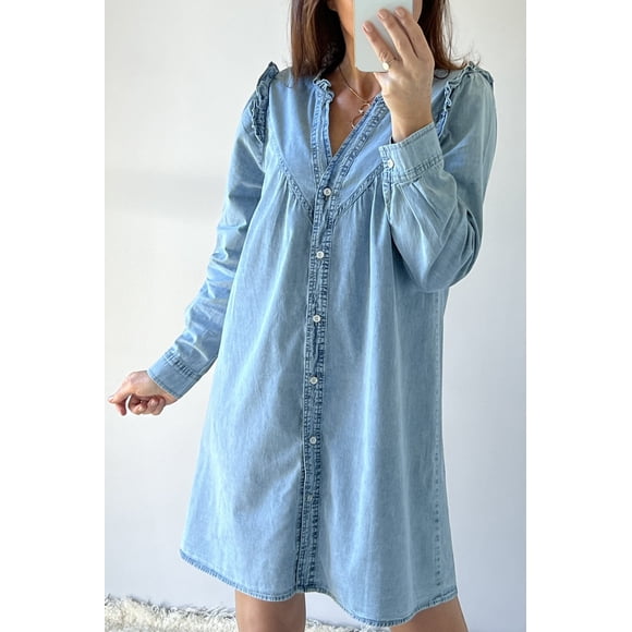 I AM A FASHION JUNKY Myosotis Ruffled V Neck Buttoned Shift Denim Dress (Myosotis, M, 95%Cotton+5%Polyester)