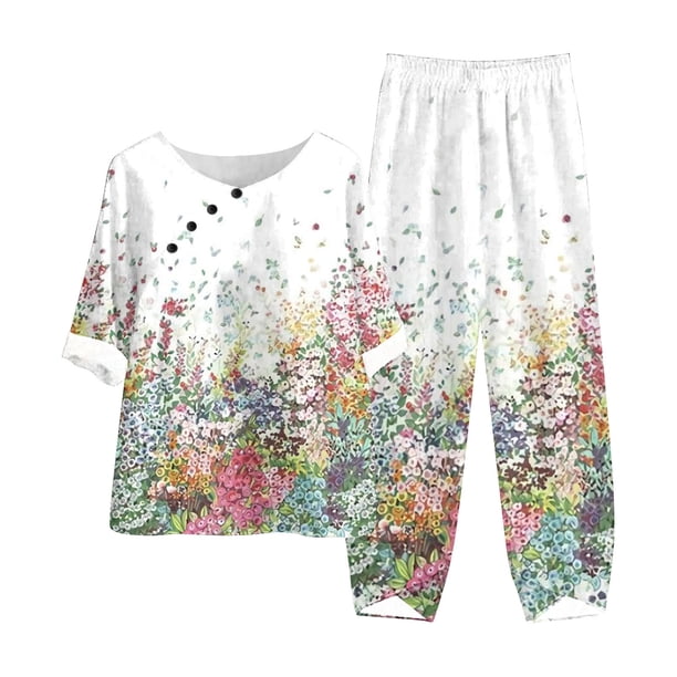 ICHUANYI Clearance Women's Summer Printed Short Sleeve Half Sleeve Round Neck Cropped Top + Casual Pants Suit Set Two Piece Lounge Set(Red, L) ICHUANYI WER2023080915331