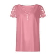thumbnail image 3 of Fesfesfes Women's Solid Color T-Shirt With Button-Front Lace Patchwork Short Sleeved Loose Tops V-Neck Summer Casual Blouse Summer (Pink,2XL), 3 of 5