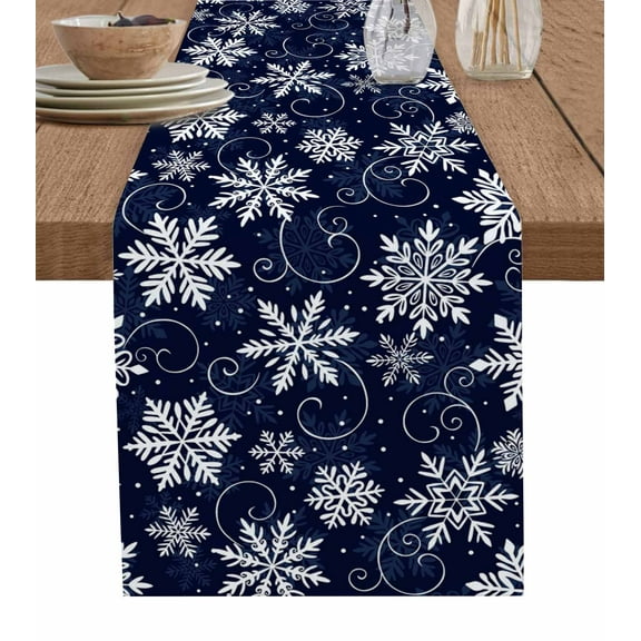 Navy Blue Snowflake Christmas Table Runner 48 Inches, Xmas White Snowflake Bed Runner Dresser Scarves Tabletop for Indoor Outdoor Parties/Ceremony/Banquet, 13" x 48"