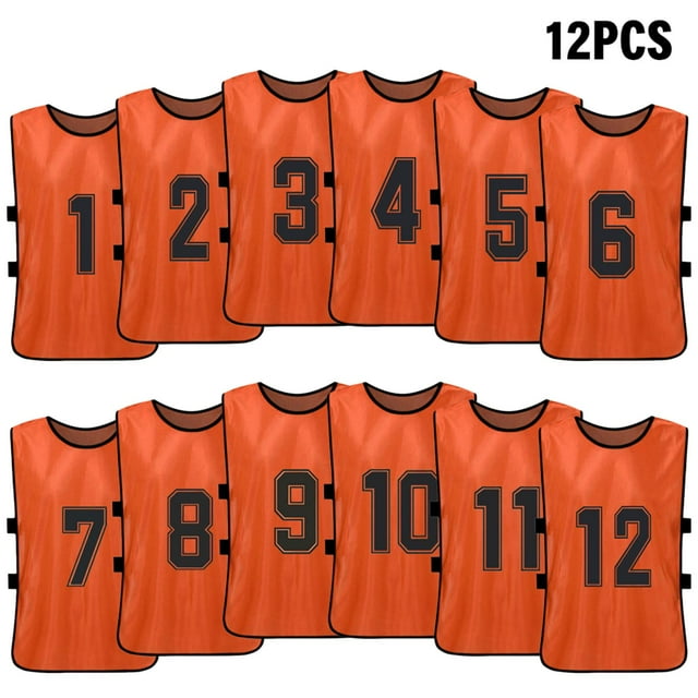 Tignapoo 12-Pack Adult Reversible Team Vests with Numbers 1-12 - Breathable Sports Jerseys in Orange, Perfect for Football and Basketball Practice