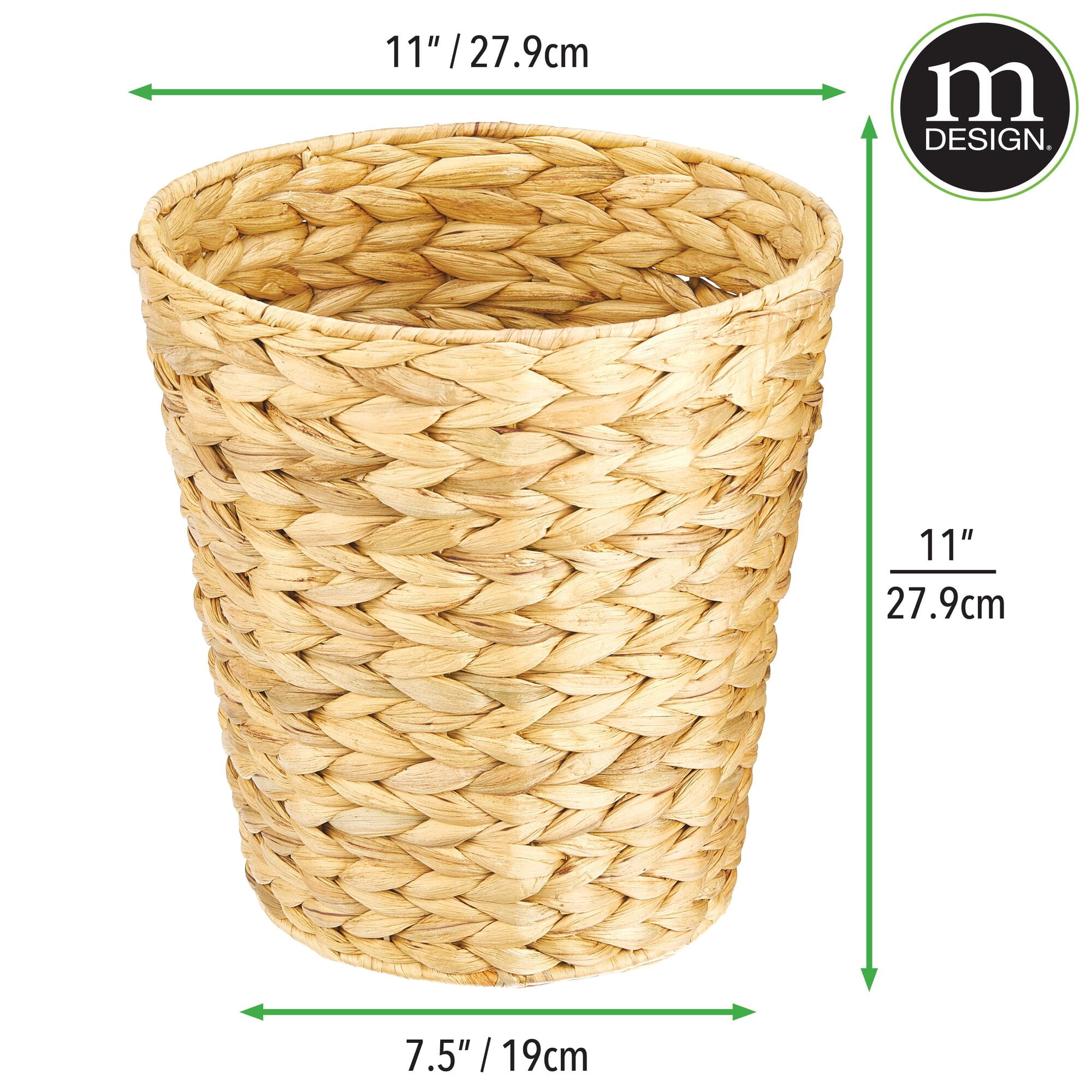 mDesign Small Hyacinth Round Boho Woven Garbage Wastebasket Trash Can, Natural
