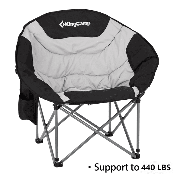 KingCamp Round Camping Chair for Adults, Oversized Outdoor Moon Chair with Side Pocket, Heavy-Duty Padded Folding Lawn Chairs, Supports 440lbs, Black