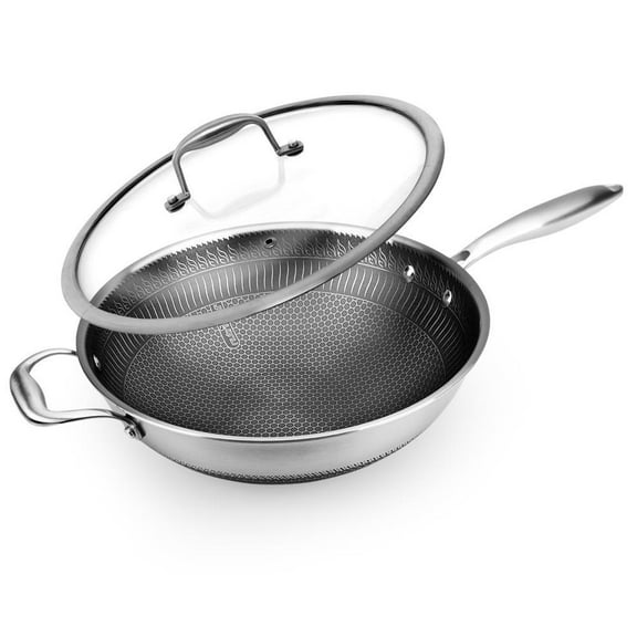 NutriChef 12" Stainless Steel Nonstick Cooking Wok Stir Fry Pan w/ Lid