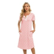 EFINNY Women's Nightgown Short Sleeve Soft Comfy Sleepwear with Pockets Henley Neck Button Down Nightdress Retro Polka Dot Nightshirt, S-XXL
