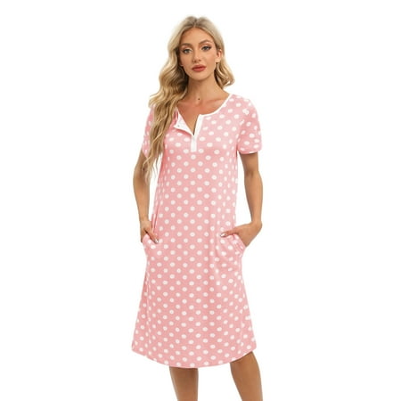 

Sunsent Women s Soft Comfy Nightgown Short Sleeve Sleepwear Retro Polka Dot Nightshirt Henley Neck Button Down Nightdress with Pockets S-XXL