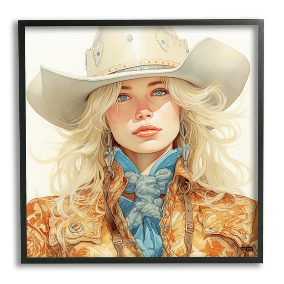 Stupell Industries Blonde Cowgirl Portrait Abstract Painting Black Framed Art Print Wall Art, 12 x 12