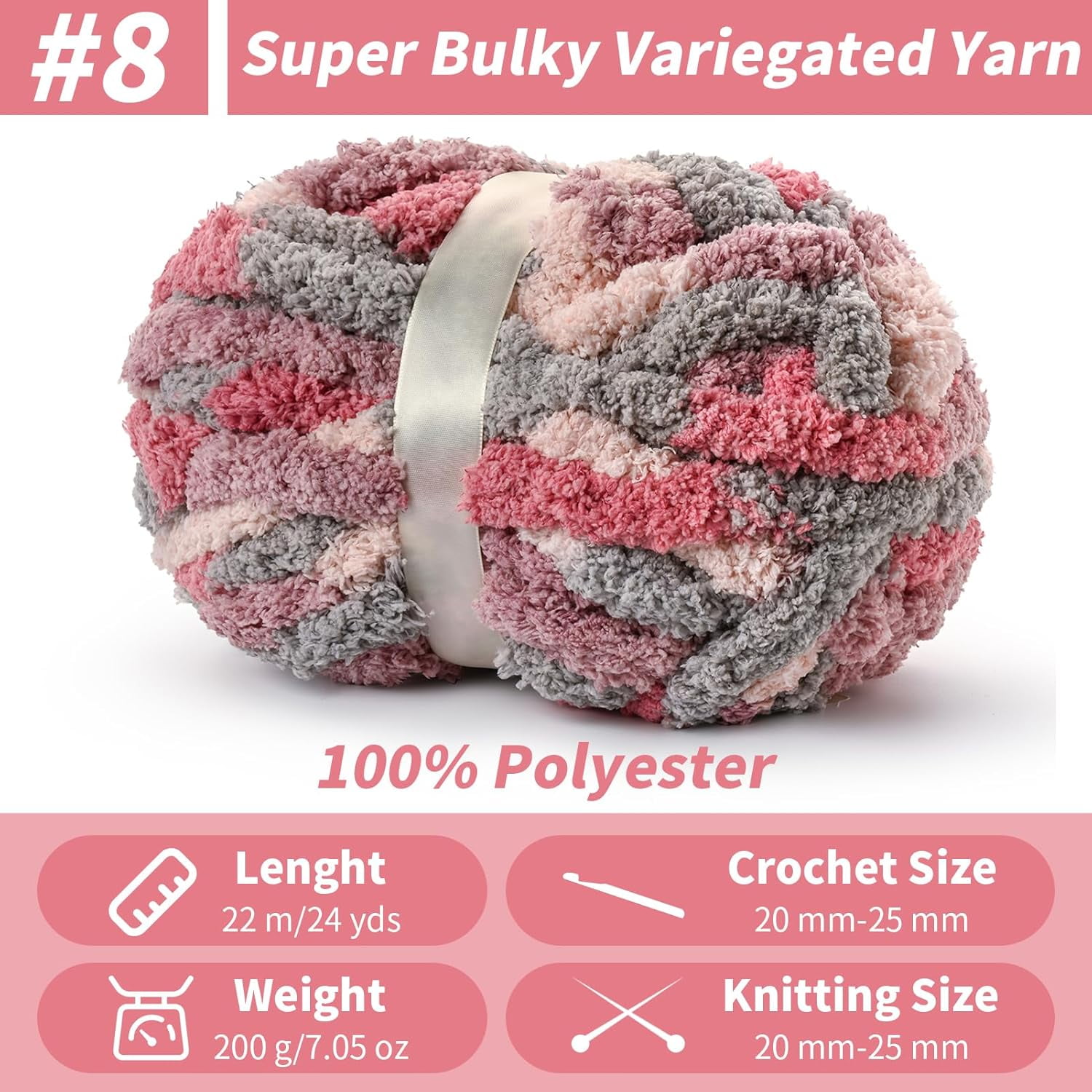 10  Fluffy Chunky Chenille Yarn for Crocheting,  Chunky Blanket Yarn for Hand Knitting, 240yds/70.5oz  Bulky Variegated  Blanket Yarn(Grey--Purple)