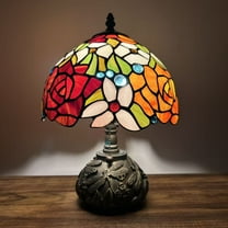 Tiffany Table Lamp Red Orange Stained Glass Rose Flowers LED Bulb Included Dragonfly Base for Living Room Bedroom Bedside 10"W*10"D*14"H
