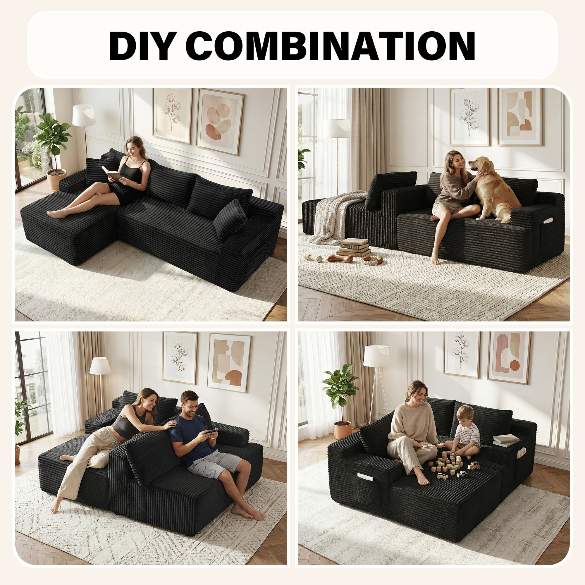Aukfa 96" L-Shaped Cloud Sectional Sofa, Modular Boneless Couch with Deep Seat&Left-Facing Chaise for Living Room, Corduroy, Black