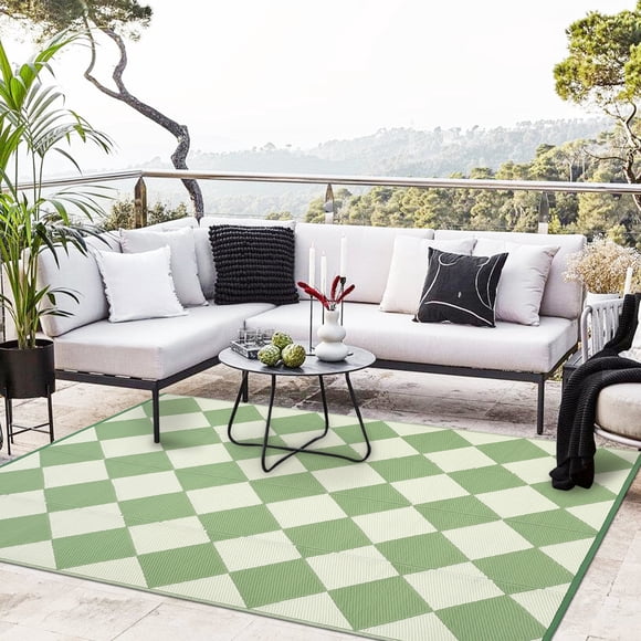 HIWEAVER 8' x 10' Green/Beige Outdoor Rug PP Plastic Straw Woven Waterproof Patio Rug with Border Portable Outside Carpet for Balcony Deck Picnic Garden Decor