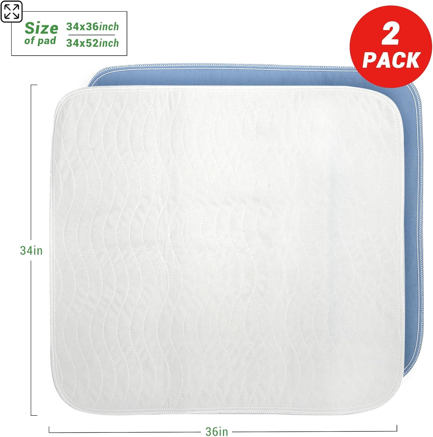 GOGREEN (Pack of 2) Waterproof Incontinence Reusable Underpads, Washable & Absorbent Mattress Pad for Potty Training, Adult, Kids, Dogs (34" x 36")