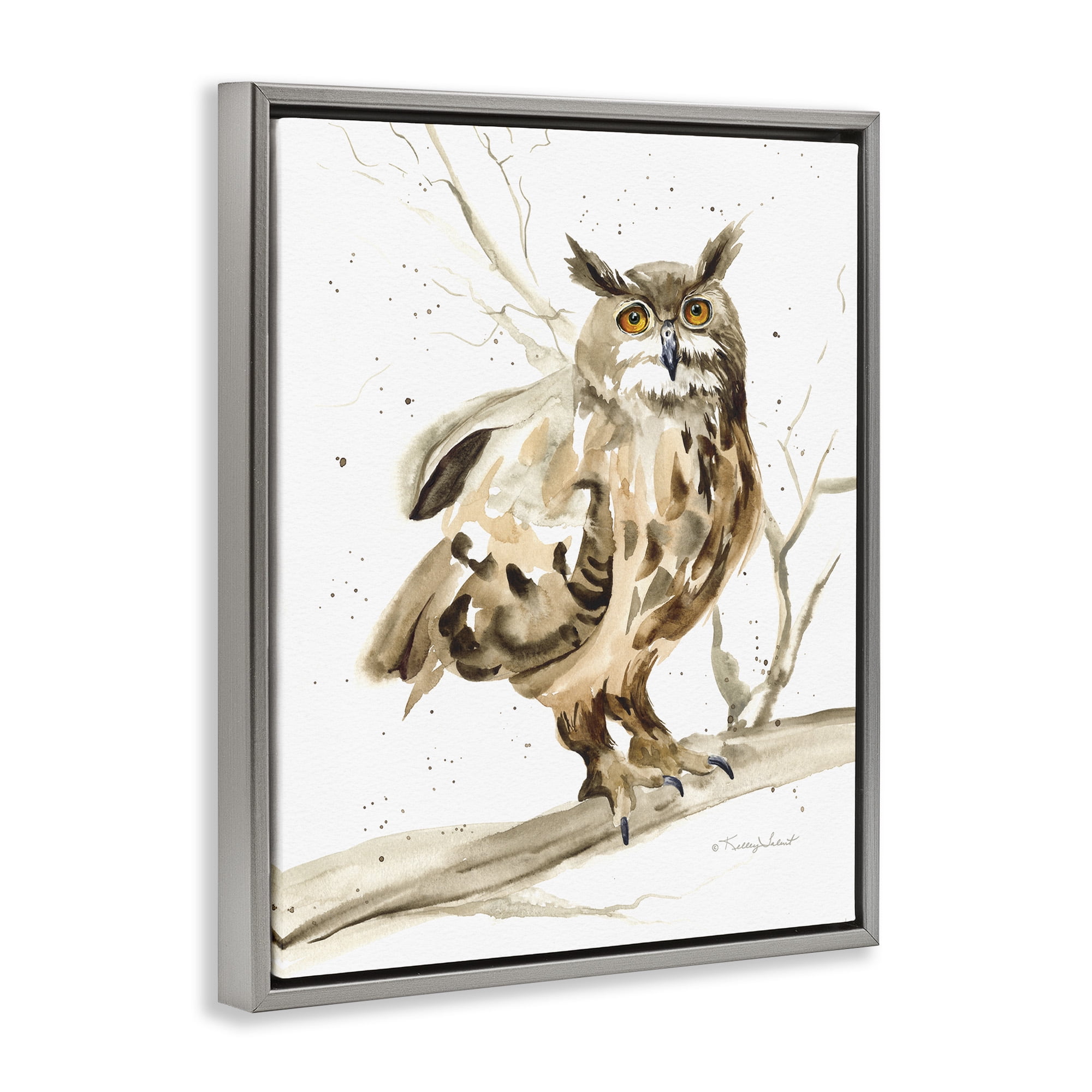 Stupell Industries Owl Perched in Tree Animals & Insects Painting Gray Floater Framed Art Print Wall Art, 17 x 21