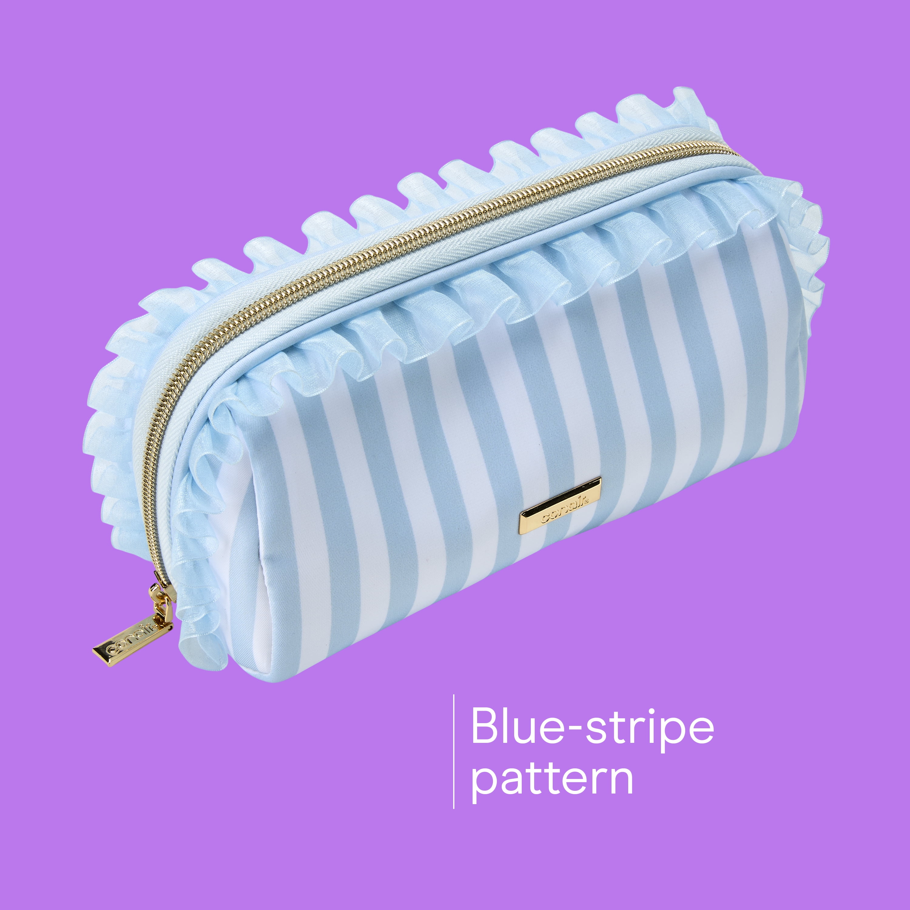 Conair Blue Ruffle Pencil Case, Compact Beauty Organizer with Metal Hardware, 1 Count