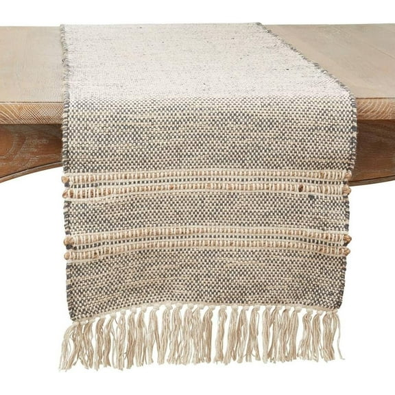 Fennco Styles Cotton Jute Woven Striped Tassel Table Runner 16" W x 72" L - Grey Modern Table Cover for Home Décor, Dining Table, Banquets, Family Gathering and Special Events