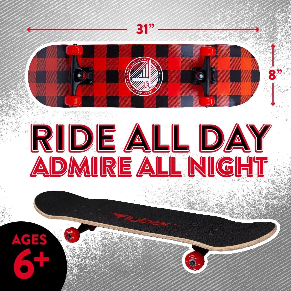 Flybar Complete Skateboard for Beginners – 31 Inch Kids Skateboard, Maple Wood Concave Double Kick Skateboard Deck, Lightweight, Non-Slip, for Boys and Girls, Ages 6 and Up