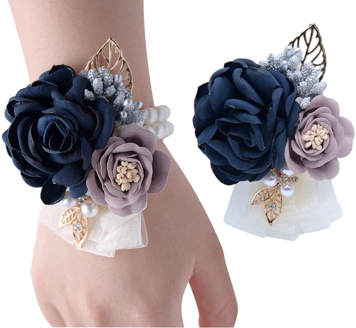 Wedding Flowers Rose Bride Maid Mother Silver & Navy Wrist Corsage Prom 