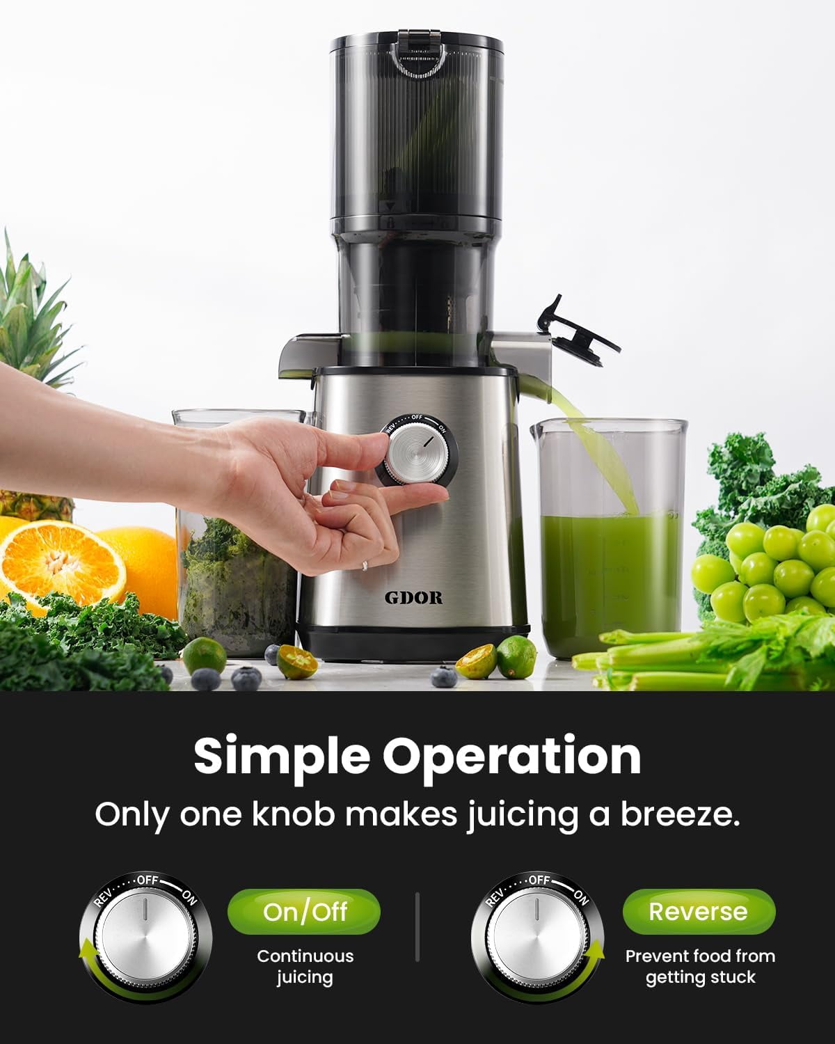Cold Press Juicer Machines, 4.25'' Large Feed Chute Masticating Slow Juicer Fits Whole Fruits and Vegetables, Low Noise, Silver