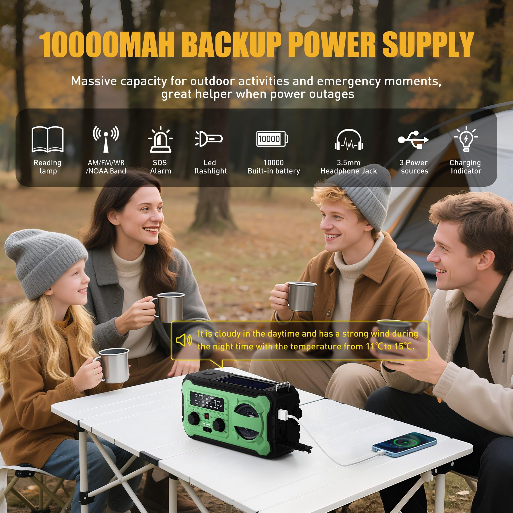 Hand Crank Emergency Radio  10000mah Weather With Am/fm/noaa Solar Prower Sos Alarm Phone Charging Led Flashlight Portable Gear For Outdoor & Home Emergencies Kits Light Green