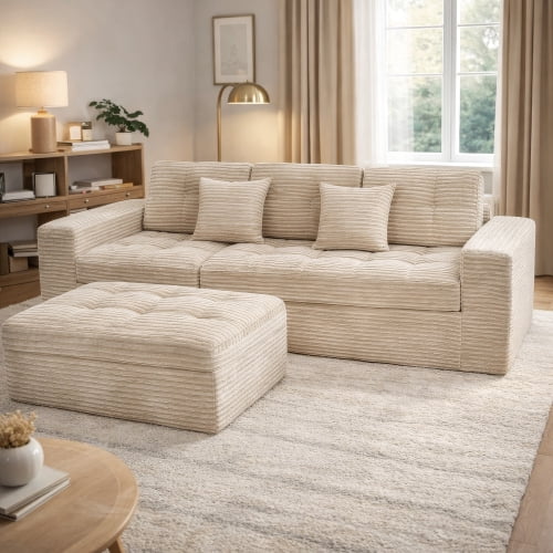 Howcool 105" Modular Sectional Sofa with Ottoman, Cloud Style Deep Seat Living Room Couch, DIY Configuration Pure Foam Frame, Faux Rabbit Fur Velvet Upholstered Furniture Set,White