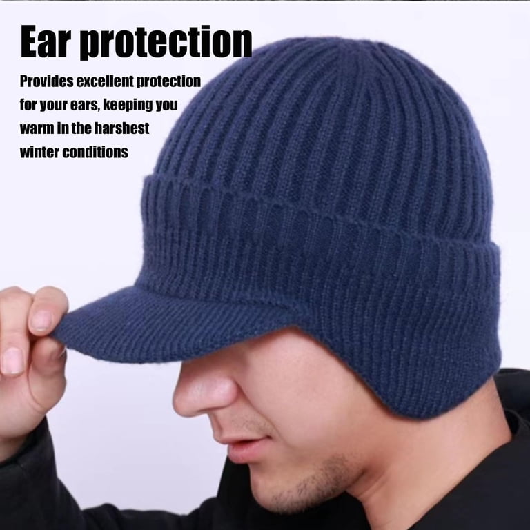 Lined Knit Cap For Men Women Winter Beanie With Brim & Ear Flaps