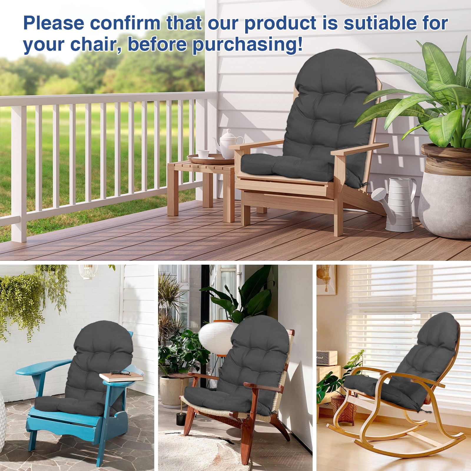YEERSWAG Outdoor Adirondack Chair Cushions 43x20, Non-Slip Water Resistant High Back Patio Rocking Chair Pad with Ties,Dark Grey