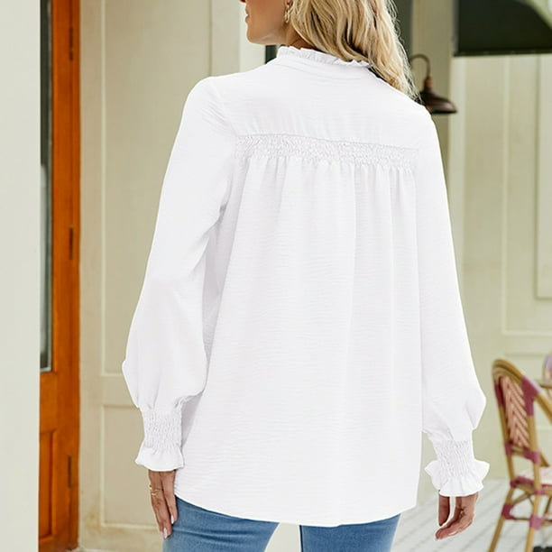 Top Con Botones De Cuello Alto Para Mujer, Camisa De Cuello Alto Con Cordones De Agárico Para Mujer, Top Abotonado De Manga Larga, Blusa Informal Holgada Con Cuello Levantado, ANGGREK Blanco XL